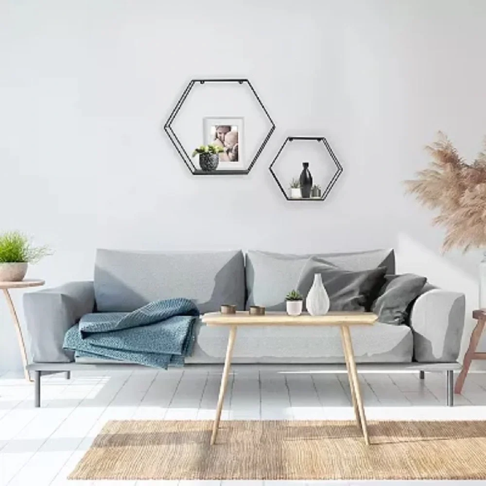 Hexagon Geometric Honey Comb Wall Decorative Shelves Floating Shelf Black Metal
